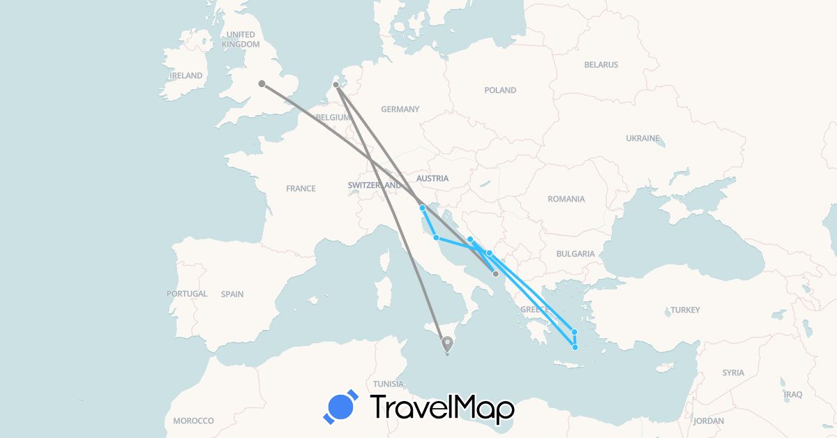 TravelMap itinerary: driving, plane, boat in United Kingdom, Greece, Croatia, Italy, Malta, Netherlands (Europe)